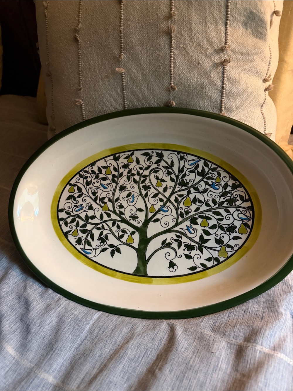 Hand-Painted Ceramic Serving Platter with Tree Motif - Green & White